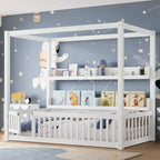 Twin/Full Size Canopy Bed with Shelves and Guardrails, Wood Floor Bed with Door for Kids