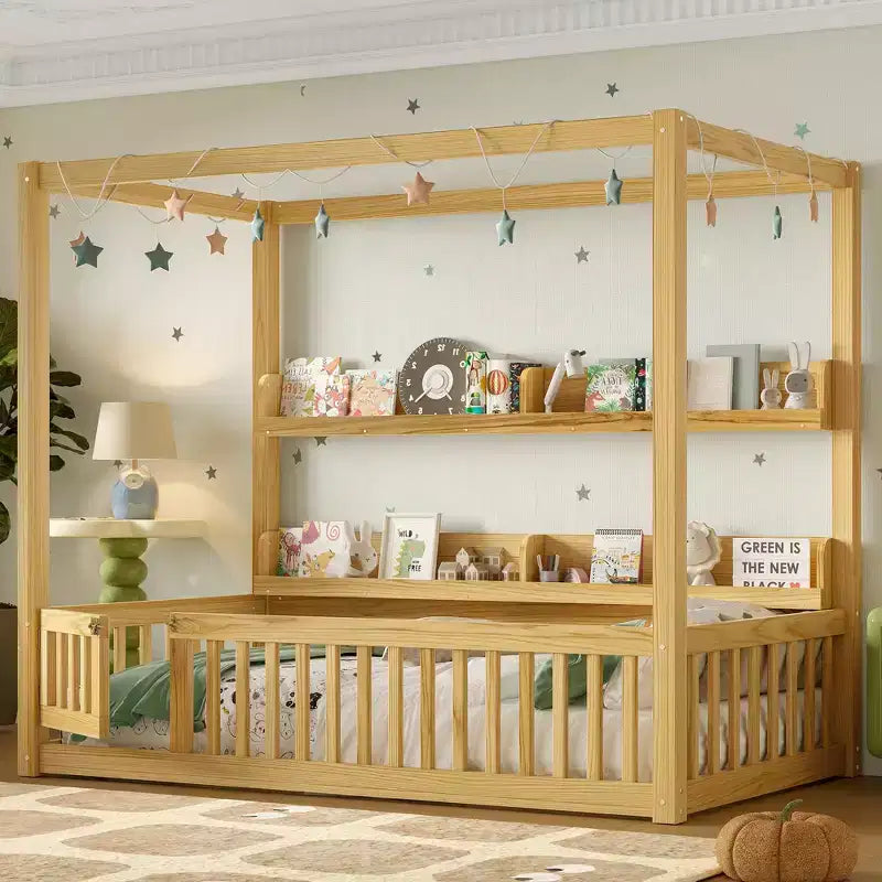Lit à baldaquin double/grand format avec étagères et barrières de sécurité, lit au sol en bois avec porte pour enfants