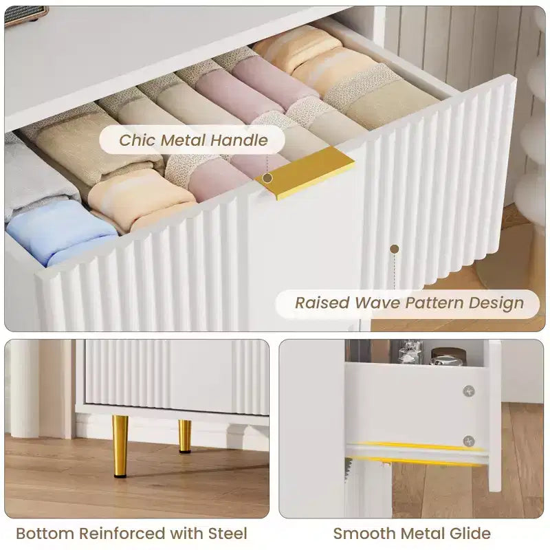 Commode cannelée pour chambre à coucher, commode moderne avec poignée en métal, organisateur de rangement pour vêtements en bois