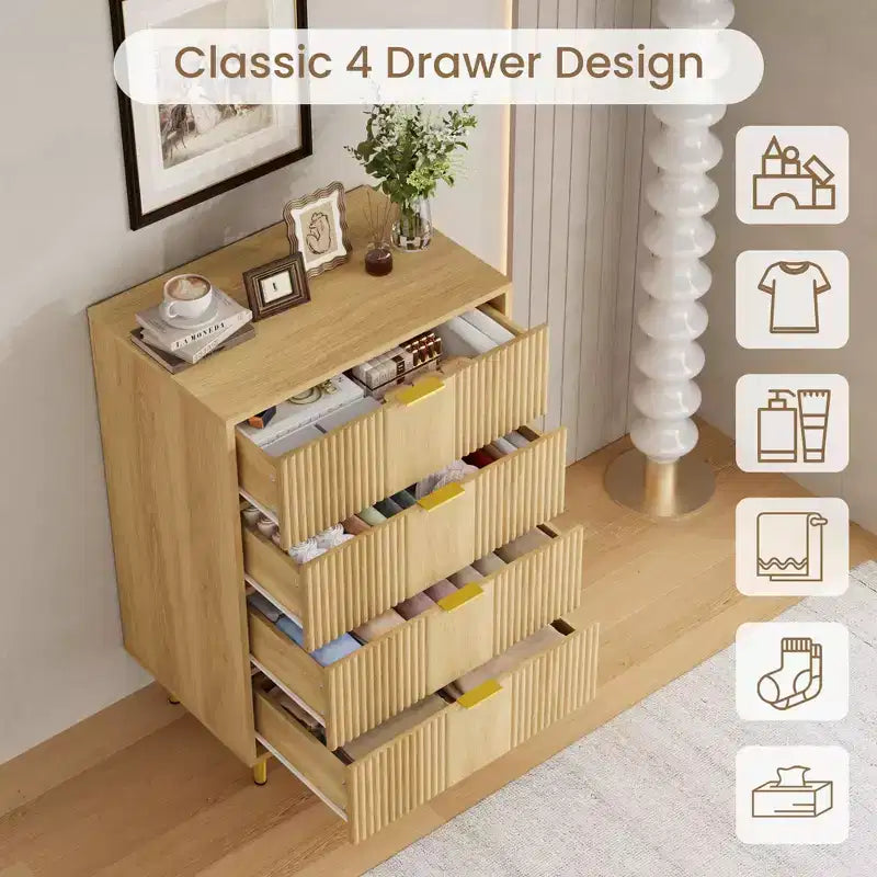 Commode cannelée pour chambre à coucher, commode moderne avec poignée en métal, organisateur de rangement pour vêtements en bois
