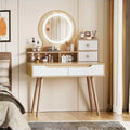 JVNOXK Vanity Dressing Table with 3 Height-Adjustable Lighted Mirrors and Solid Wood Legs, Featuring 4 Drawers and 3 Open Storage Shelves