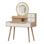 JVNOXK Coiffeuse avec 3 miroirs lumineux réglables en hauteur et pieds en bois massif, dotée de 4 tiroirs et 3 étagères de rangement ouvertes