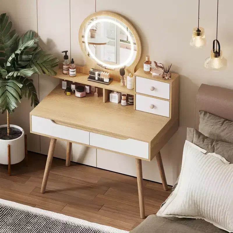 JVNOXK Coiffeuse avec 3 miroirs lumineux réglables en hauteur et pieds en bois massif, dotée de 4 tiroirs et 3 étagères de rangement ouvertes