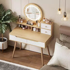 JVNOXK Coiffeuse avec 3 miroirs lumineux réglables en hauteur et pieds en bois massif, dotée de 4 tiroirs et 3 étagères de rangement ouvertes