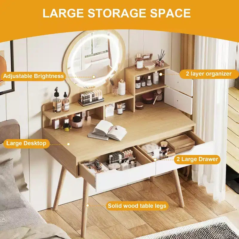 JVNOXK Coiffeuse avec 3 miroirs lumineux réglables en hauteur et pieds en bois massif, dotée de 4 tiroirs et 3 étagères de rangement ouvertes