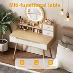 JVNOXK Coiffeuse avec 3 miroirs lumineux réglables en hauteur et pieds en bois massif, dotée de 4 tiroirs et 3 étagères de rangement ouvertes