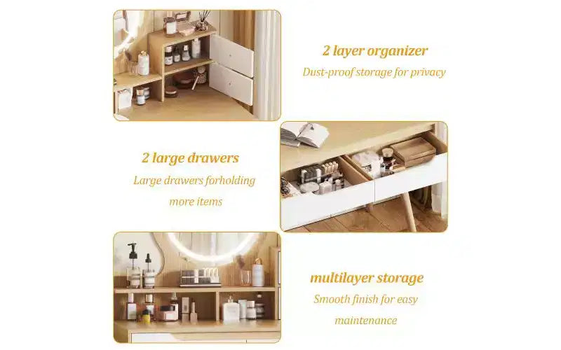 JVNOXK Coiffeuse avec 3 miroirs lumineux réglables en hauteur et pieds en bois massif, dotée de 4 tiroirs et 3 étagères de rangement ouvertes