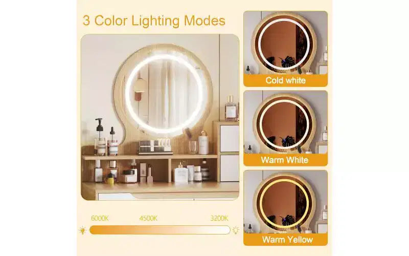 JVNOXK Coiffeuse avec 3 miroirs lumineux réglables en hauteur et pieds en bois massif, dotée de 4 tiroirs et 3 étagères de rangement ouvertes