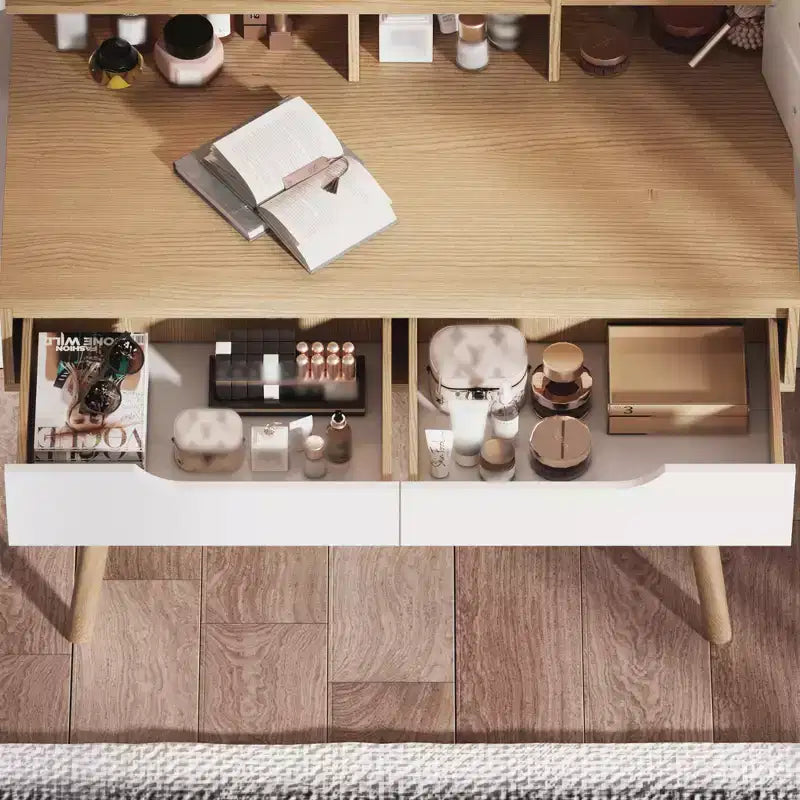 JVNOXK Coiffeuse avec 3 miroirs lumineux réglables en hauteur et pieds en bois massif, dotée de 4 tiroirs et 3 étagères de rangement ouvertes