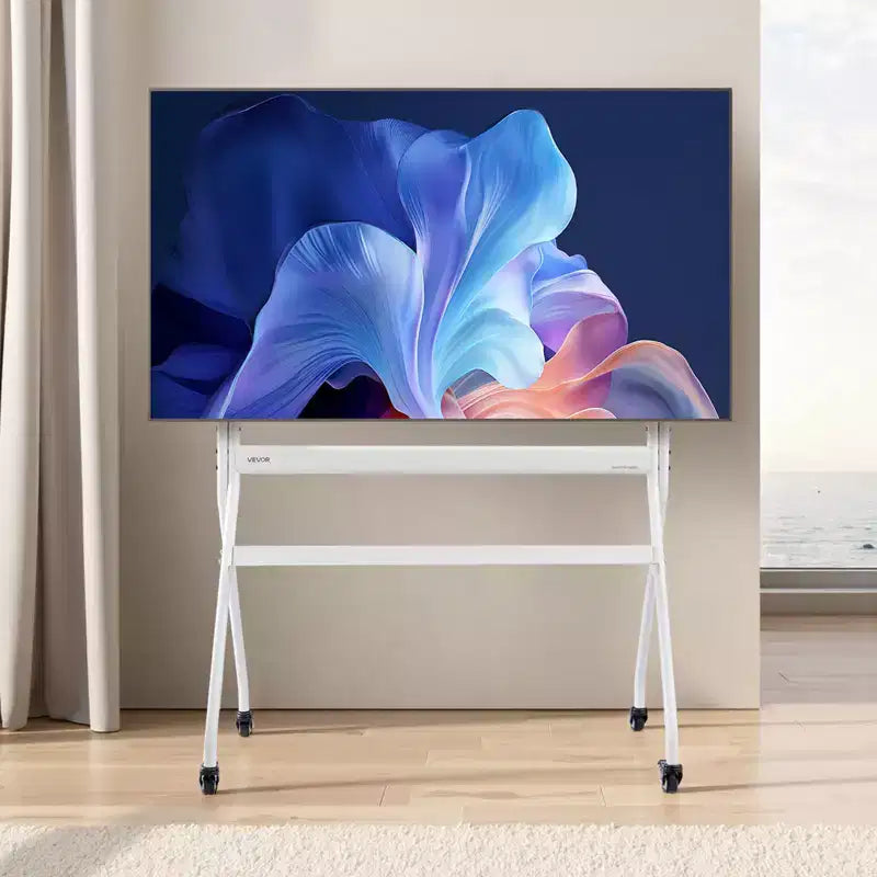 Meuble TV Roulant VEVOR, Chariot TV Mobile pour écrans Plats/Incurvés LED/LCD/OLED de 35 à 100 Pouces, Support d'Écran Portable avec Roues Supportant jusqu'à 90 kg, Blanc