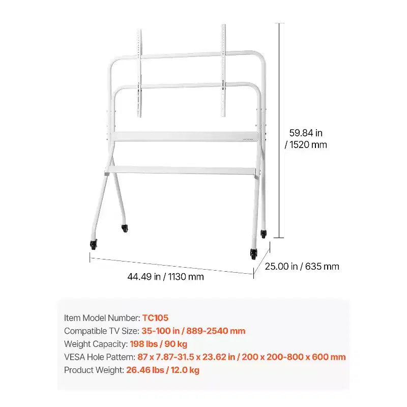 Meuble TV Roulant VEVOR, Chariot TV Mobile pour écrans Plats/Incurvés LED/LCD/OLED de 35 à 100 Pouces, Support d'Écran Portable avec Roues Supportant jusqu'à 90 kg, Blanc