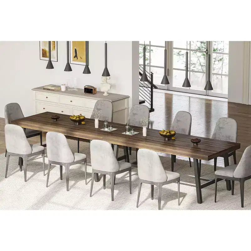 71 Large Dining Table, Farmhouse Dining Table for 8-12, Brown Wood 6-10 Seater w/Adjustable Feet, Kitchen/Dining/Living Room