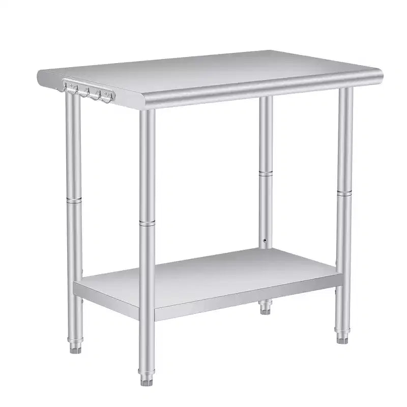Stainless Steel Workbench, 2-Tier Commercial Kitchen Prep Table, with Shelves and Hooks, Heavy-Duty Workbench, Suitable for Restaurants and Garages