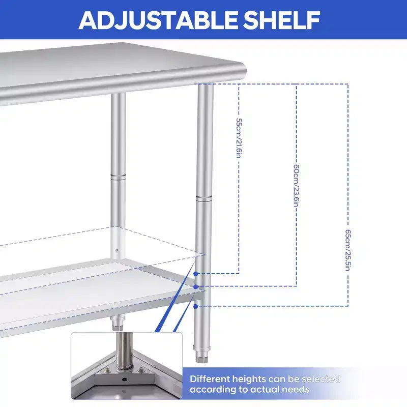 Table de Travail en Acier Inoxydable, Table de Préparation de Cuisine Commerciale à 2 Niveaux, avec Étagères et Crochets, Établi Robuste, Adapté aux Restaurants et Garages