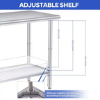 Table de Travail en Acier Inoxydable, Table de Préparation de Cuisine Commerciale à 2 Niveaux, avec Étagères et Crochets, Établi Robuste, Adapté aux Restaurants et Garages