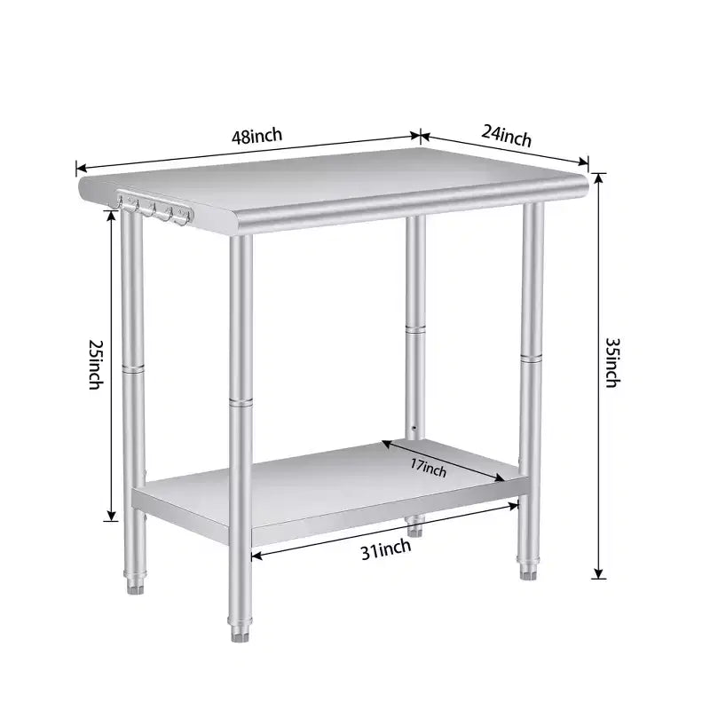 Table de Travail en Acier Inoxydable, Table de Préparation de Cuisine Commerciale à 2 Niveaux, avec Étagères et Crochets, Établi Robuste, Adapté aux Restaurants et Garages