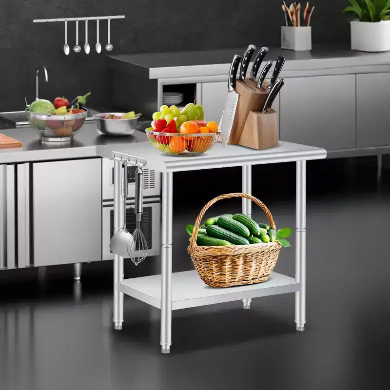 Table de Travail en Acier Inoxydable, Table de Préparation de Cuisine Commerciale à 2 Niveaux, avec Étagères et Crochets, Établi Robuste, Adapté aux Restaurants et Garages