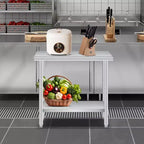 Table de Travail en Acier Inoxydable, Table de Préparation de Cuisine Commerciale à 2 Niveaux, avec Étagères et Crochets, Établi Robuste, Adapté aux Restaurants et Garages