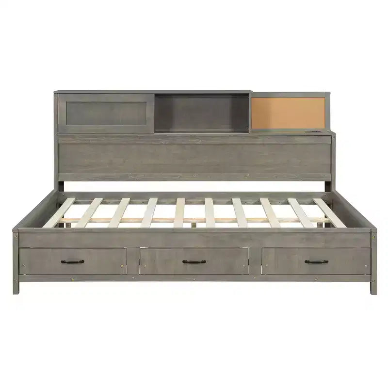 Lit de repos double en bois Luxystar avec 3 tiroirs, étagère et prises de courant