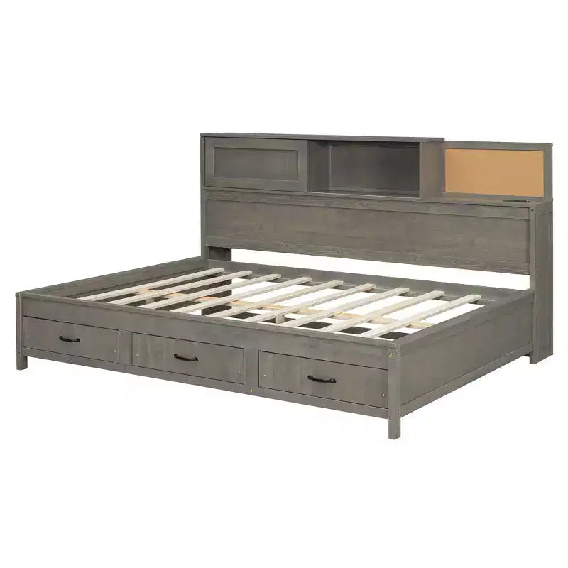 Lit de repos double en bois Luxystar avec 3 tiroirs, étagère et prises de courant