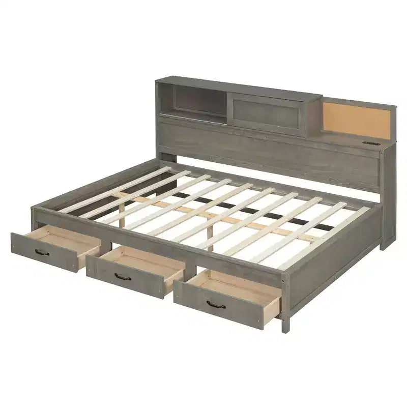 Lit de repos double en bois Luxystar avec 3 tiroirs, étagère et prises de courant