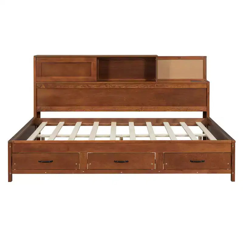 Lit de repos double en bois Luxystar avec 3 tiroirs, étagère et prises de courant