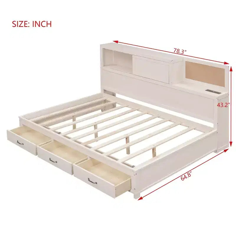Lit de repos double en bois Luxystar avec 3 tiroirs, étagère et prises de courant