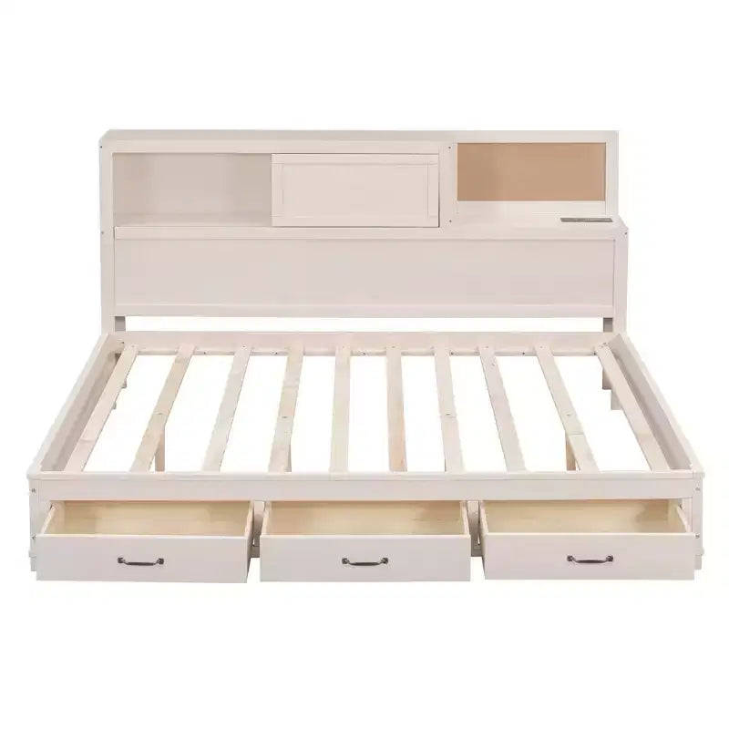 Lit de repos double en bois Luxystar avec 3 tiroirs, étagère et prises de courant