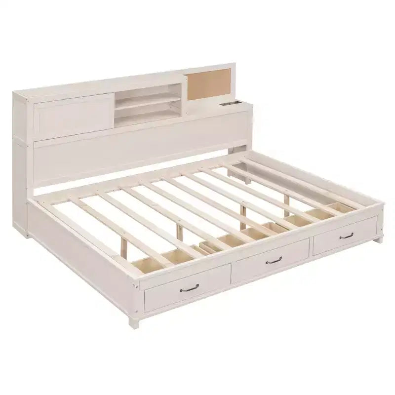 Lit de repos double en bois Luxystar avec 3 tiroirs, étagère et prises de courant