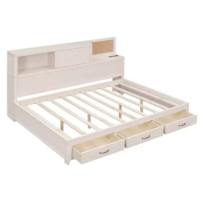 Lit de repos double en bois Luxystar avec 3 tiroirs, étagère et prises de courant