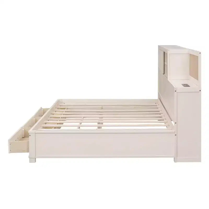 Lit de repos double en bois Luxystar avec 3 tiroirs, étagère et prises de courant
