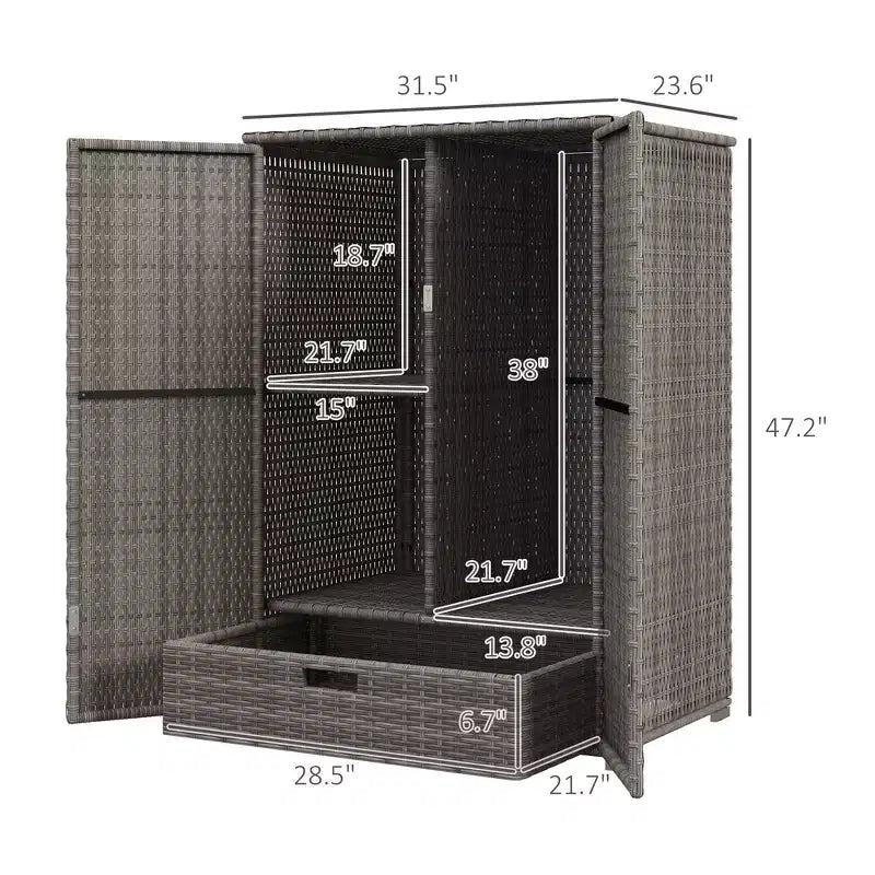 Armoire de rangement extérieure avec étagères, armoire de rangement de serviettes de piscine en rotin avec étagère amovible et tiroir, gris foncé
