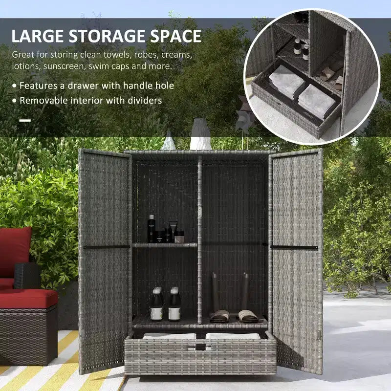 Armoire de rangement extérieure avec étagères, armoire de rangement de serviettes de piscine en rotin avec étagère amovible et tiroir, gris foncé