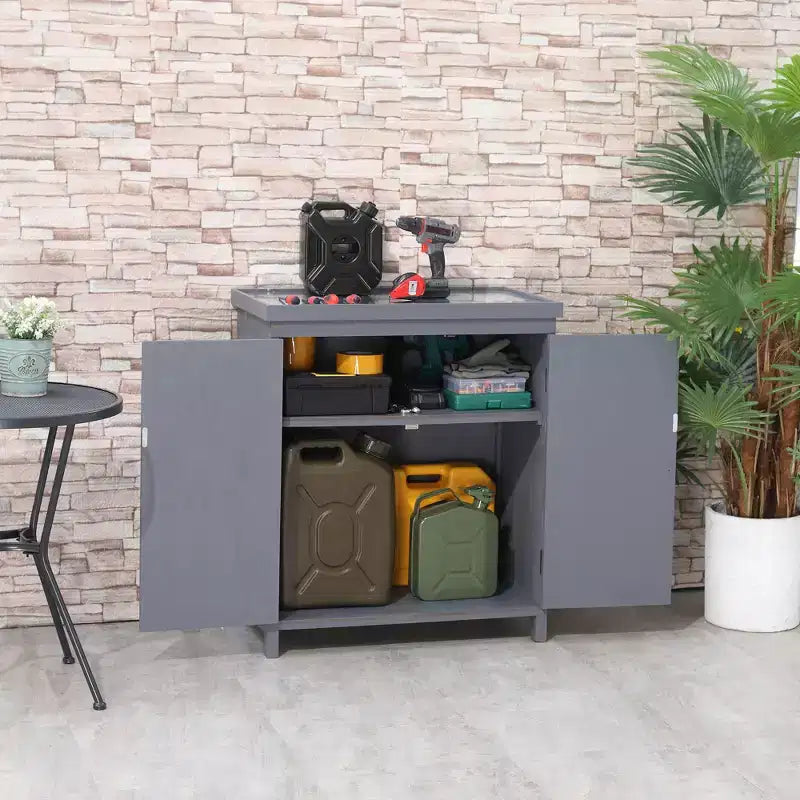 Armoire de rangement extérieure, Abri à outils de jardin avec plateau galvanisé et deux étagères pour les outils de jardin ou les accessoires de piscine, Gris