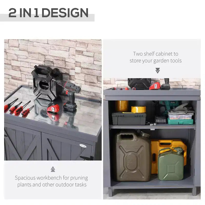 Armoire de rangement extérieure, Abri à outils de jardin avec plateau galvanisé et deux étagères pour les outils de jardin ou les accessoires de piscine, Gris