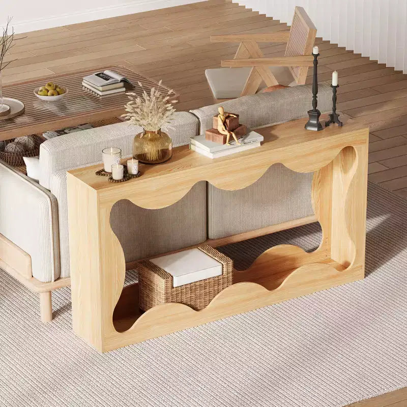 Console rustique à bords arrondis, 160 cm, avec étagères de rangement, peu encombrante, idéale pour l'entrée, le salon ou le couloir