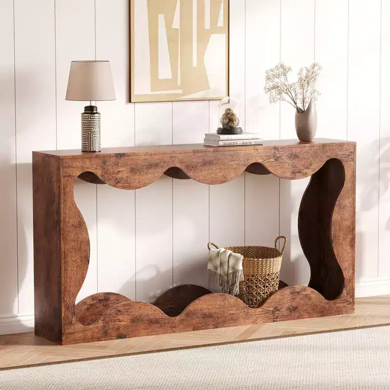 Console rustique à bords arrondis, 160 cm, avec étagères de rangement, peu encombrante, idéale pour l'entrée, le salon ou le couloir