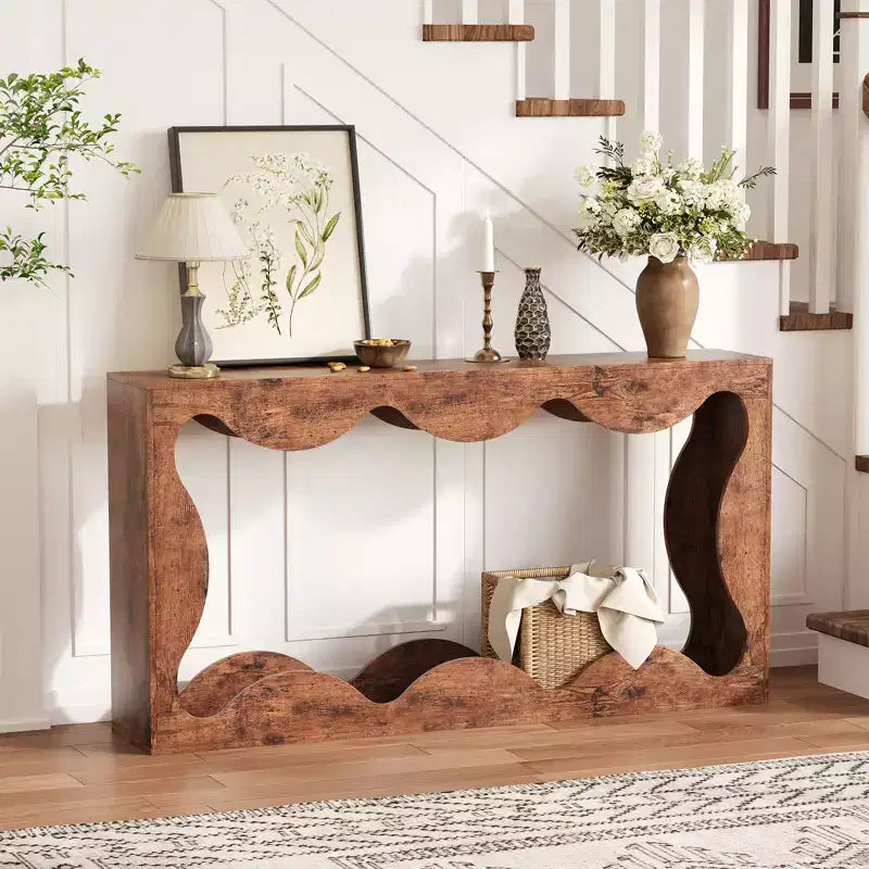 Console rustique à bords arrondis, 160 cm, avec étagères de rangement, peu encombrante, idéale pour l'entrée, le salon ou le couloir