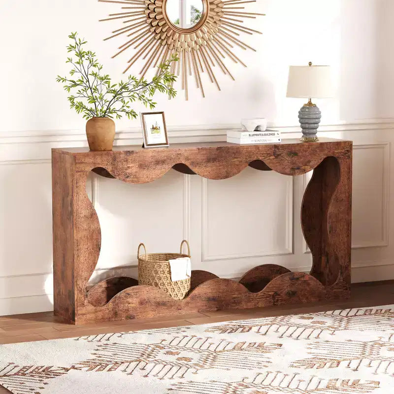 Console rustique à bords arrondis, 160 cm, avec étagères de rangement, peu encombrante, idéale pour l'entrée, le salon ou le couloir