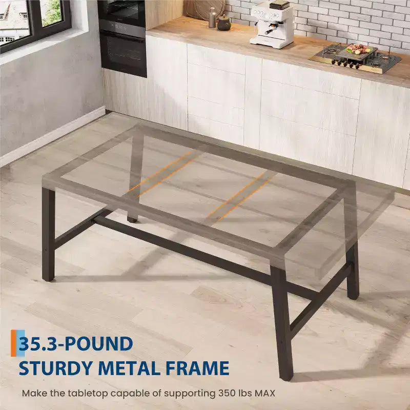 Table à manger industrielle rustique pour 4-6 personnes. Plateau rectangulaire de 160 cm avec pieds en métal robustes. Durable et facile à assembler. Cuisine.