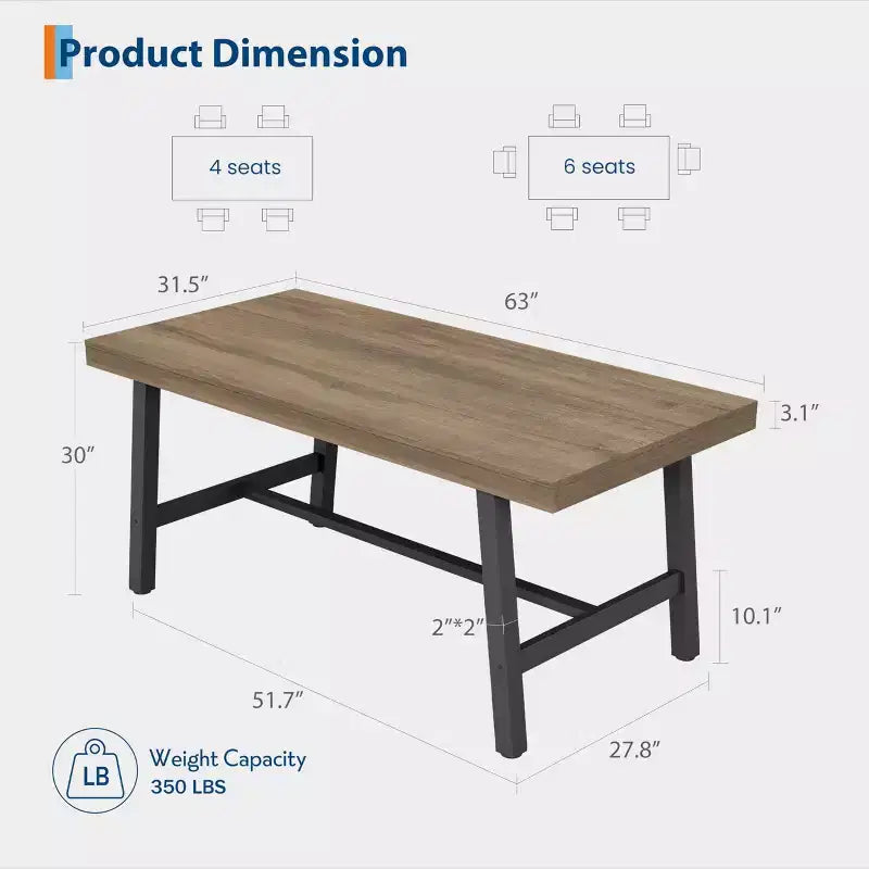 Table à manger industrielle rustique pour 4-6 personnes. Plateau rectangulaire de 160 cm avec pieds en métal robustes. Durable et facile à assembler. Cuisine.