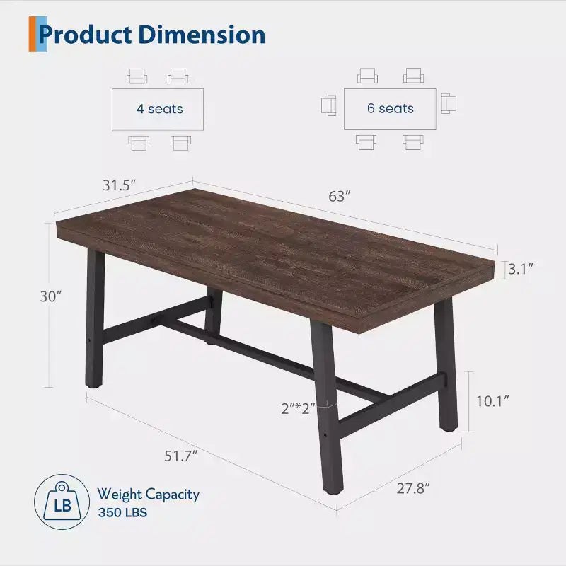Table à manger industrielle rustique pour 4-6 personnes. Plateau rectangulaire de 160 cm avec pieds en métal robustes. Durable et facile à assembler. Cuisine.