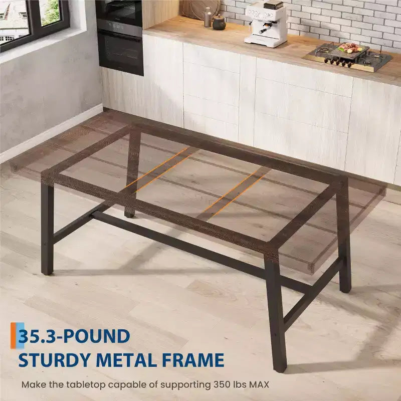 Table à manger industrielle rustique pour 4-6 personnes. Plateau rectangulaire de 160 cm avec pieds en métal robustes. Durable et facile à assembler. Cuisine.