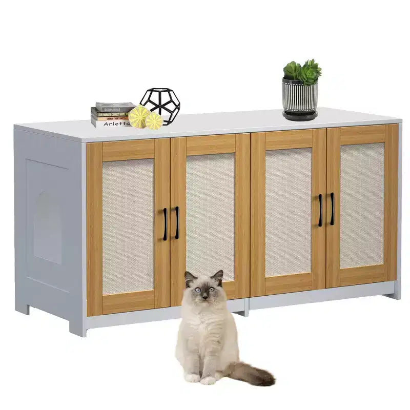 Meuble Cache Litière Double pour Chats 47 - Meuble à Litière Discret pour 2 Chats avec Portes Griffoir en Sisal, Meuble en Bois pour Chats d'Intérieur