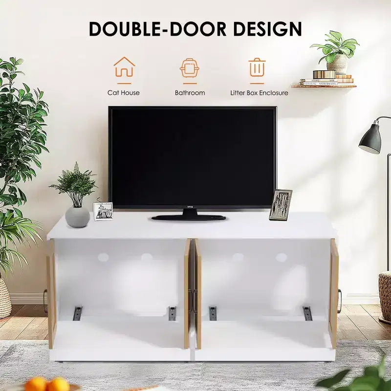 Meuble Cache Litière Double pour Chats 47 - Meuble à Litière Discret pour 2 Chats avec Portes Griffoir en Sisal, Meuble en Bois pour Chats d'Intérieur