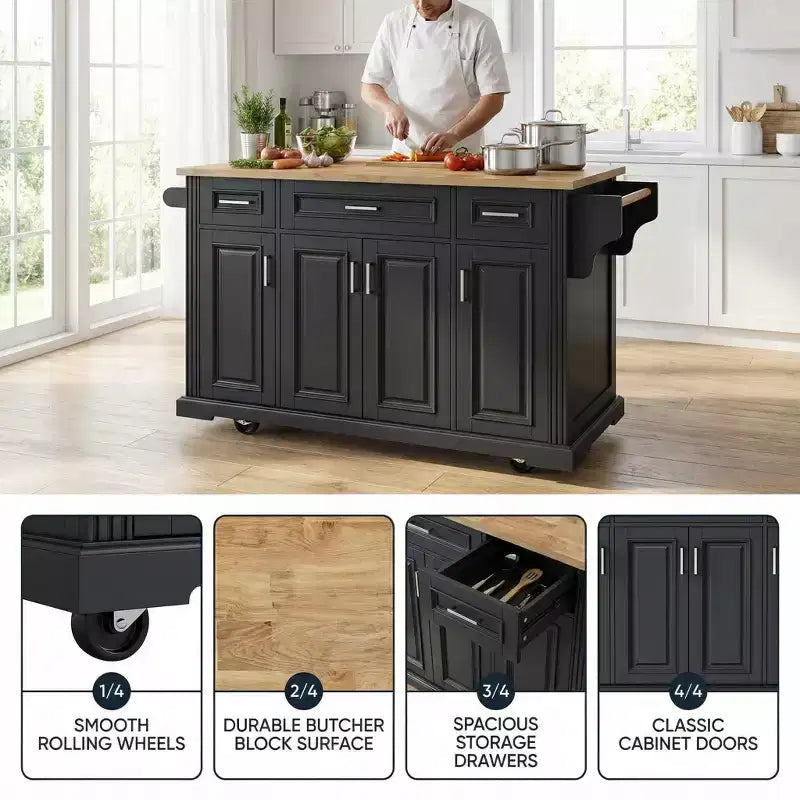 Desserte de cuisine roulante Homy Casa avec plateau en bois et armoires de rangement, Noir