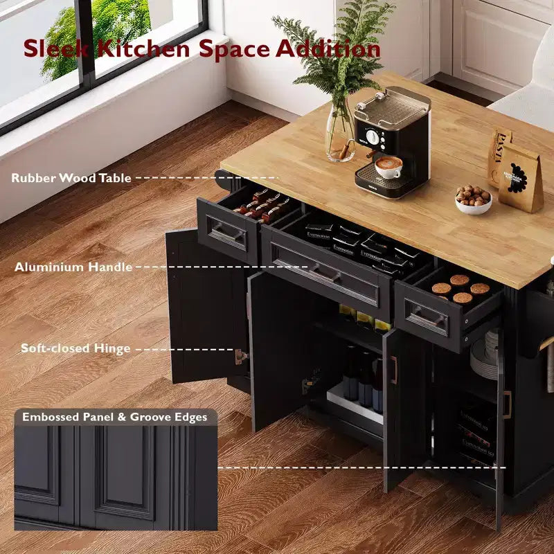 Desserte de cuisine roulante Homy Casa avec plateau en bois et armoires de rangement, Noir
