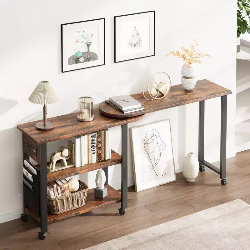 Garvee Table d'appoint rotative à 360° avec station de charge, table d'appoint pivotante avec sac de rangement et 6 roulettes verrouillables, table mobile pour chambre et salon