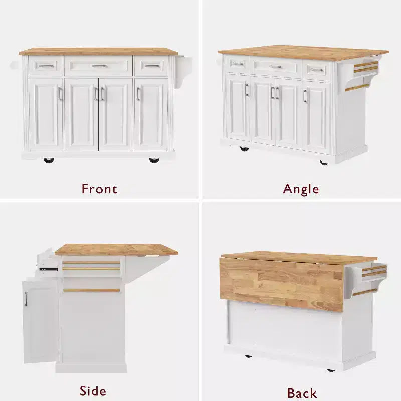 HomyCasa Îlot de cuisine roulant avec plateau en bois et armoires de rangement, blanc