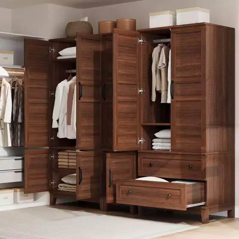 Armoire de rangement en bois de 183 cm avec 2 tiroirs, tringle à vêtements, 18 étagères réglables et portes pour chambre à coucher, grande armoire à vêtements